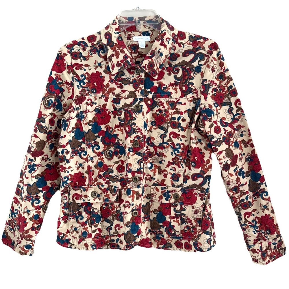 Charter Club Paisley Trucker Jacket Womens Sz M Cotton Western Canvas Shacket